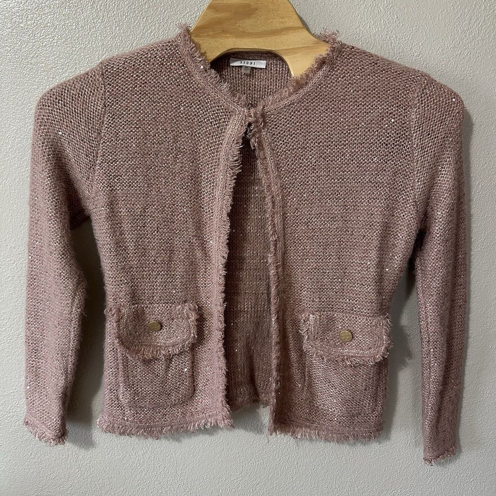 Sioni Knit Sweater Cardigan Size Medium Pink All Over Sequin Fringe Details